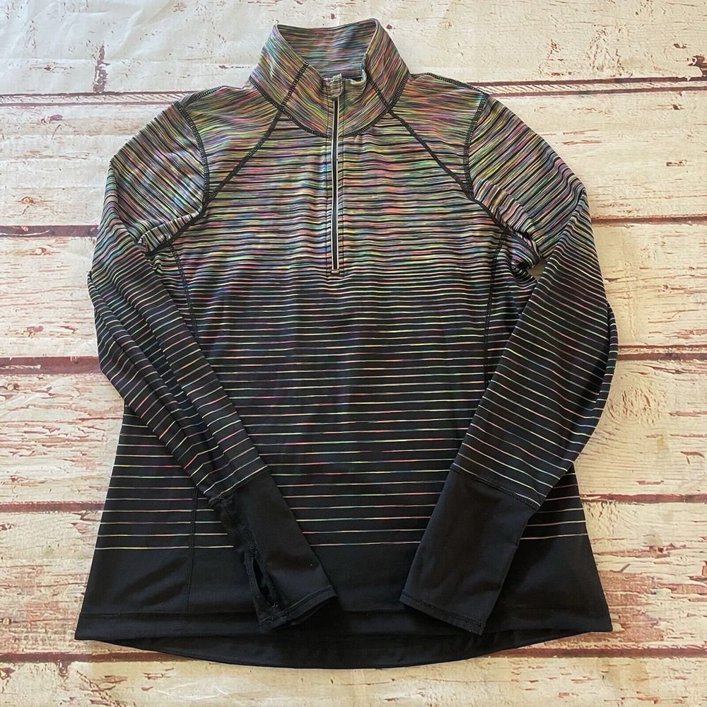 Kirkland Signature Zip Pullover Black Rainbow Skinny‎ Stripe Size Large Women's